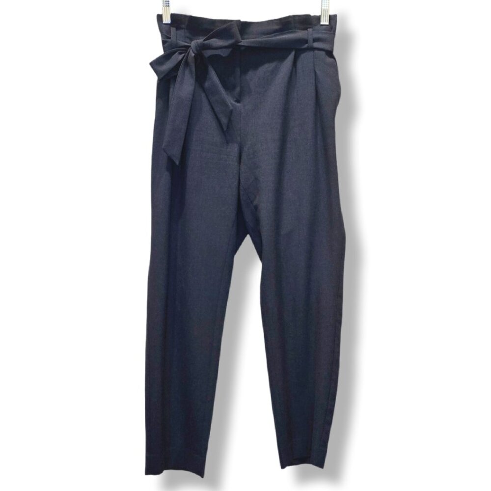 LOFT Petite Navy Paperbag Tie Waist Relaxed Fit Straight Tapered Leg Pants - Picture 2 of 7